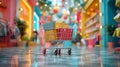 Colorful Shopping Cart In Modern Store With Gifts And Bokeh Lights