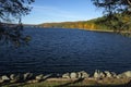 Colorful shoreline of Barkhamsted Reservoir, framed by cedar trees.