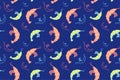 Colorful shrimp seamless pattern, blue background for seafood menu with prawns, editable doodle hand drawing