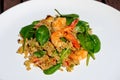 Colorful shrimp spinach quinoa salad on a white plate Royalty Free Stock Photo