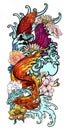 Colorful Siamese fighting,koi fish coloring book japanese style.Japanese old dragon for tattoo. Traditional Asian tattoo