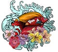 Colorful Siamese fighting,koi fish coloring book japanese style.Japanese old dragon for tattoo. Traditional Asian tattoo