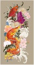 Colorful Siamese fighting,koi fish coloring book japanese style.Japanese old dragon for tattoo. Traditional Asian tattoo