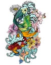 Colorful Siamese fighting,koi fish coloring book japanese style.Japanese old dragon for tattoo. Traditional Asian tattoo