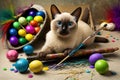 Colorful Siamese Kitten Celebrates Easter with Joy Royalty Free Stock Photo