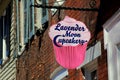 Colorful sign advertising business, Lavender Moon Cupcake, Old Town Alexandria,Virginia,April,2015