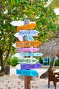 Colorful sign points the way to the different destinations in th