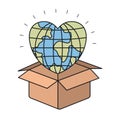 Colorful silhouette closeup globe earth world in heart shape coming out of cardboard box