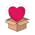 Colorful silhouette closeup heart coming out of cardboard box