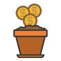 Colorful silhouette of flower pot with set of coins with thick contour Royalty Free Stock Photo