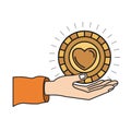 Colorful silhouette hand palm giving a coin with heart shape inside charity symbol