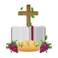 colorful silhouette with holy bible open with cross and bread and grapes