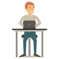 Colorful silhouette of man in casual clothes and reddish hair and sitting in chair in desk with laptop computer Royalty Free Stock Photo