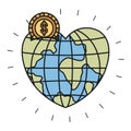 Colorful silhouette money box in globe earth world in heart shape with coin with dollar symbol Royalty Free Stock Photo