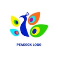 Colorful silhouette of a peacock. Stylized head with feathers. Vector logo template concept illustration. Bird abstract symbol.
