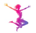Colorful silhouette of slim girl jumping hands up.