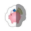 colorful silhouette sticker of piggy bank with credit card and bills and coins