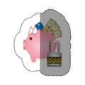 colorful silhouette sticker of piggy bank with credit card and bills and coins protected