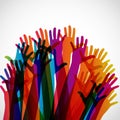 Colorful silhouettes hands up on a light background.
