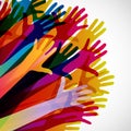 Colorful silhouettes hands up on a light background.