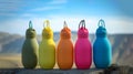 Colorful silicone bottles are in row. Eco bottles for sports and fitness on natural background. Generative AI