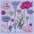 Colorful silk scarf with flowering poppie, orhid and peonies