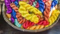 Colorful silk thread in the bamboo basket. Royalty Free Stock Photo