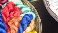 Colorful silk thread in the bamboo basket. Royalty Free Stock Photo