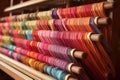 colorful silk threads on a vintage wooden loom Royalty Free Stock Photo