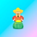 Simple flat art vector illustration of joyful guy in a sombrero and Christmas outfit with an open shining magic bag in hi