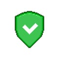 Simple flat pixel art icon of green shield with green accept checkmark symbol