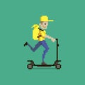 Simple flat pixel art illustration of cartoon character delivery man in yellow uniform with yellow backpack riding scoote
