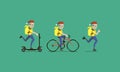 Simple flat pixel art illustration of cartoon character delivery men in christmas hat and yellow uniform with yellow back