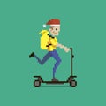 Simple flat pixel art illustration of cartoon Christmas hat character delivery man in yellow uniform with yellow backpack