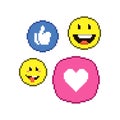 Simple flat pixel art illustration of cartoon round social media icons of like, emoticons, heart