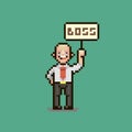 simple flat pixel art illustration of cartoon smiling guy in a white shirt with a red tie he holds a sign with the inscri