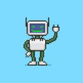 Simple flat pixel art illustration of cartoon smiling humanoid robot with a display instead of a face