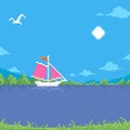 Simple flat pixel art illustration of cartoon summer sunny landscape of a floating white sailboat with scarlet sails and