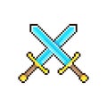 Simple flat pixel art illustration of cartoon two blade up crossed medieval knight swords