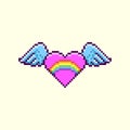 Simple flat pixel art illustration of cartoon winged pink heart with lgbt rainbow inside Royalty Free Stock Photo