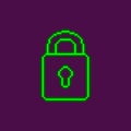 Simple flat pixel art illustration of neon green glowing closed padlock with keyhole