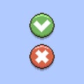 Simple flat pixel art illustration of round cartoon red cancel button and green accept button