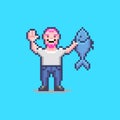 Simple flat pixel art illustration of smiling guy holding a fish in his hand