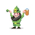 Simple flat pixel art illustration of smiling leprechaun in a green suit with a glass of beer and a clover in his hands