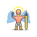 Simple flat pixel art illustration of smiling strong guardian angel with golden sword shows his biceps