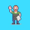 Simple flat pixel art illustration of smiling worker in an apron with a white towel on his hand