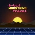 Simple flat pixel art illustration of sunset or sunrise behind the mountain range in the style of 1980s retro futurism