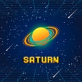 Simple vector flat art illustration of saturn planet in starry sky with falling comets and with pixel art text