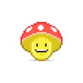 Simple vector flat pixel art illustration of cartoon red hat smiling mushroom character