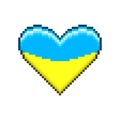 Simple vector flat pixel art illustration of icon in the shape of heart in the colors of the flag of Ukraine